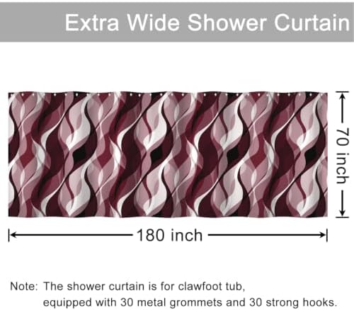 Burgundy Striped Clawfoot Tub Shower Curtain 180x70 inch 30 Hooks
