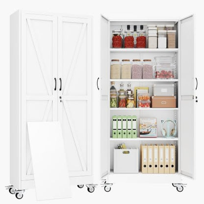 71" Metal Garage Storage Locker Cabinet with Wheels,Rolling White Farmhouse Kitchen Pantry Cabinet with 2 Doors and 4 Adjustable Shelves, Steel File Tool Cabinet for Home Office Warehouse