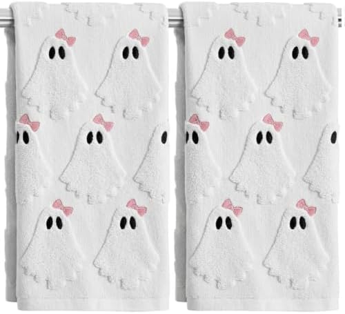 2 Pack Halloween Hand Towels 100% Cotton Jacquard Bow Ghost Halloween Kitchen Towels White Bathroom Towels Set Seasonal Bathroom Decor(Bow Ghost)