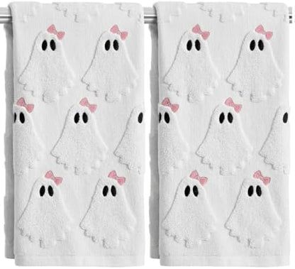 2 Pack Halloween Hand Towels 100% Cotton Jacquard Bow Ghost Halloween Kitchen Towels White Bathroom Towels Set Seasonal Bathroom Decor(Bow Ghost)