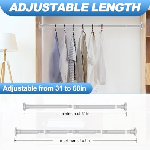 CorkLatta Silver Shower Curtain Rod 31 to 68 Inch,1 Inch Diameter Adjustable Spring Tension Stainless Steel Telescoping Rod,Easy Install,No Rust
