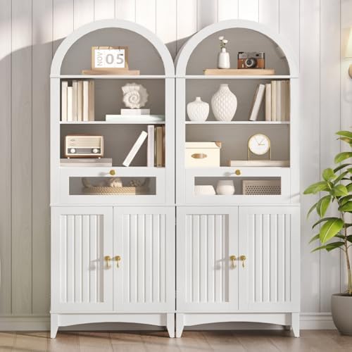 RALGEND 66" Tall Bathroom Cabinet Set of 2, Freestanding Cabinet with Doors & Shelves,Arched Cabinets for Bathroom, Living Room, Kitchen, Laundry, White