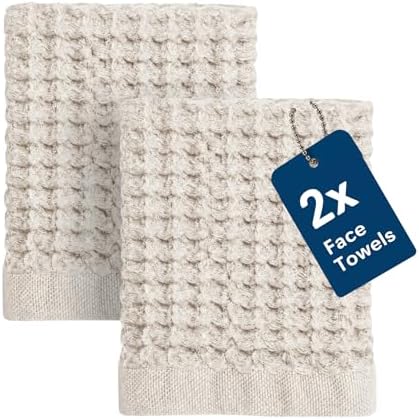 ONSEN Supima® Waffle Face Towels, Quick Dry Lint Free 100% USA Cotton, Lightweight Absorbent Face Towel Set, 12x12 in (Oatmeal, Face Towel 2-Pack)