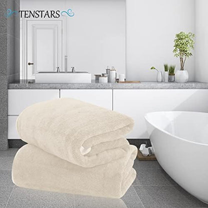 TENSTARS Silk Hemming Bath Towels for Bathroom Clearance - 27 x 55 inches - Light Thin Quick Drying - Soft Microfiber Absorbent Towel for Bath Fitness, Sports, Yoga, Travel, Gym - 2 Pack, Cream