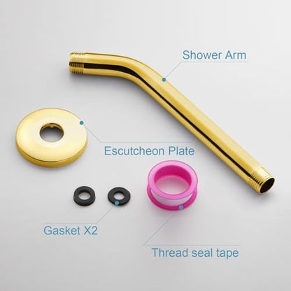 OFFO Shower Arm with Flange, 10 in Bright Gold Wall Mount Replacement Angle Shower Head Arm Wall-Mounted For Fixed Shower Head & Handheld Showerhead