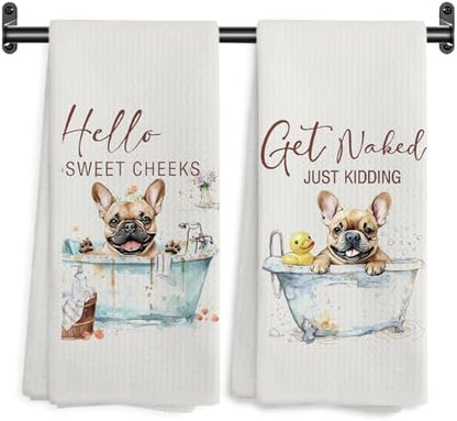 Funny Pug Hand Towels, Hello Sweet Cheeks Bathroom Decor, Pug Gifts for Pug Lovers, Pug Gifts Decorative Hand Towels for Bathroom Washroom Restroom, 16x24 Inch Set of 2