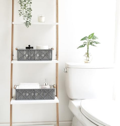 Mkono 2Pc Macrame Storage Basket, Boho Decor Toilet Paper Holder, Grey