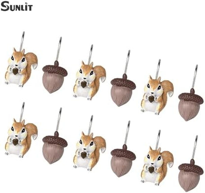 Sunlit Fall Autumn Decorative Shower Curtain Hooks, Chipmunk Acorn Shower Curtain Rings, Resin, Brown Cute Bathroom Curtain Hangers Decoration, Set of 12