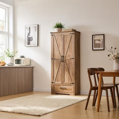 JXQTLINGMU Farmhouse Kitchen Pantry Cabinet - 72" Tall Wood Kitchen Storage Cabinets with Adjustable Shelves & 2 Barn Doors & Drawer, Versatile Storage for Dining Room, Bathroom, Light Walnut