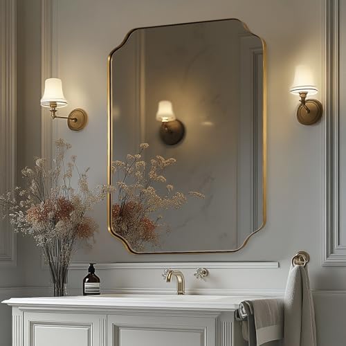 MIRRORART Gold Bathroom Mirror 30x40 Inch, Scalloped Brass Mirrors for Bathroom Sink, Notched Corner Rectangle Mirror in 1’’ Stainless Steel Metal Frame Home Remodel Wall Mount Vertical/Horizontal