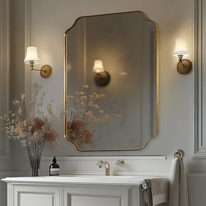 MIRRORART Gold Bathroom Mirror 30x40 Inch, Scalloped Brass Mirrors for Bathroom Sink, Notched Corner Rectangle Mirror in 1’’ Stainless Steel Metal Frame Home Remodel Wall Mount Vertical/Horizontal