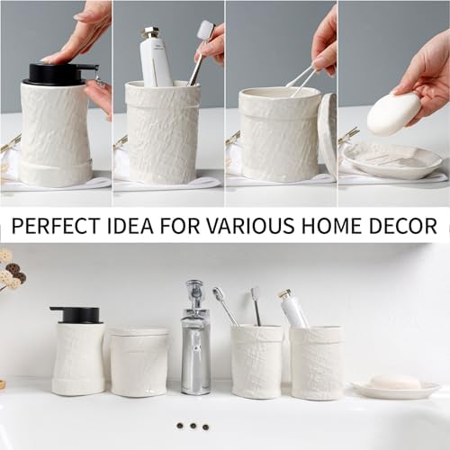 White Bathroom Accessory Set 5PCS, Ceramic Bathroom Accessories Set, Minimalist Textured Design Liquid Soap Dispenser Set Complete, Home Bathroom Decor Vanity Countertop, ANTIS'S HOME