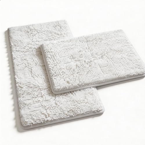 White Bathroom Rugs and Mats Set, 2 Piece Chenille Bath Mat Set, Machine Wash Dry, Non Slip Absorbent Shaggy Bath Rug for Bath Room, Shower and Tub (20" x 32"+16" x 24") Bathroom Rug St Accessories