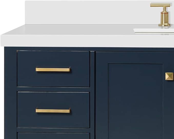 ARIEL Cambridge 54-inch Bathroom Vanity with Sink,Solid Wood, 1.5-inch Pure White Quartz Countertop, Single Rectangular Porcelain Sink, 2 Soft Closing Doors, 9 Dovetail Drawers, Midnight Blue