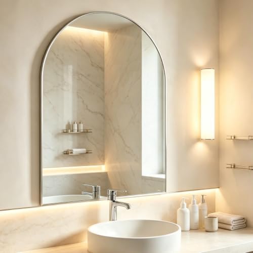 Arched Wall Mirror for Bathroom, 30"x40" Arched Mirror Wall Mounted Mirror with Metal Frame, Silver Vanity Mirror Decor for Mantle, Bedroom, Entryway, Living Room