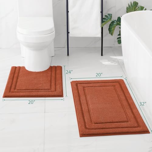HOMEIDEAS Bathroom Rugs Sets 2 Piece, Super Soft and Absorbent Non Slip Microfiber U-Shaped Toilet Bath Mat Set (20"x32"+U20 x24, Burnt Orange)