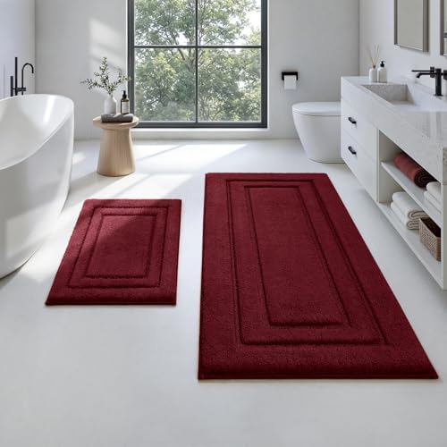 HOMEIDEAS Bathroom Rugs Sets 2 Piece, Extra Long Bath Mat Burgundy Red