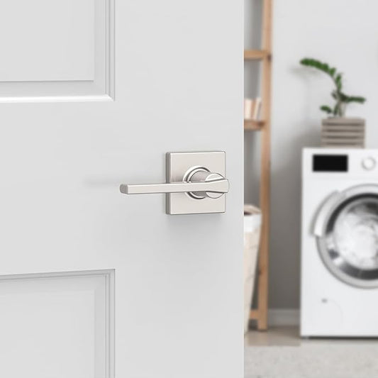 Kwikset Casey Interior Passage Door Handle 2 Pack, Lever for Closet and Hallway Doors, Reversible Non-Locking Handle Lever, Satin Nickel, with Microban Protection