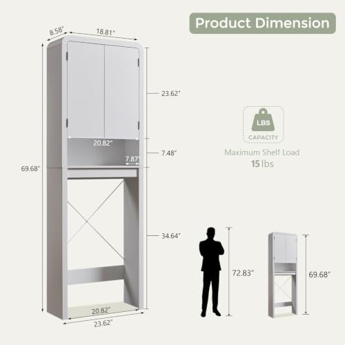 Over the Toilet Storage Cabinet, 69.69" Curved Bathroom Storage Organizer Cabinet with Doors and Adjustable Shelves, Wooden Free Standing Toilet Space Saver Rack, White