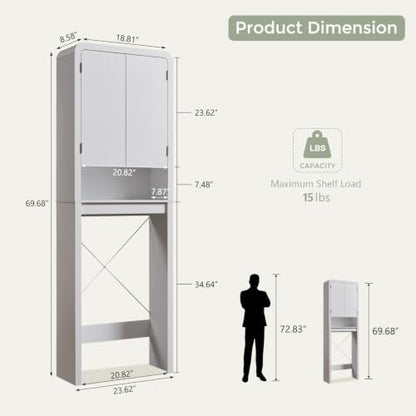 Over the Toilet Storage Cabinet, 69.69" Curved Bathroom Storage Organizer Cabinet with Doors and Adjustable Shelves, Wooden Free Standing Toilet Space Saver Rack, White