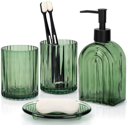 Bathroom Accessories Set, 4Pcs Glass Bathroom Accessories Set Complete, 13.5OZ Lotion Soap Dispenser, Toothbrush Holder, Mouthwash Cup, Soap Dish for Bathroom Decor, Countertop Organizer (Green)