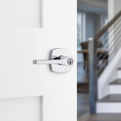 Kwikset Tripoli Lever Entry Door Handle with Lock and Key, Secure Keyed Reversible Lever Exterior, Doorlock, For Front Entrance and Bedrooms, Polished Chrome, Pick Resistant Smartkey Rekey Security