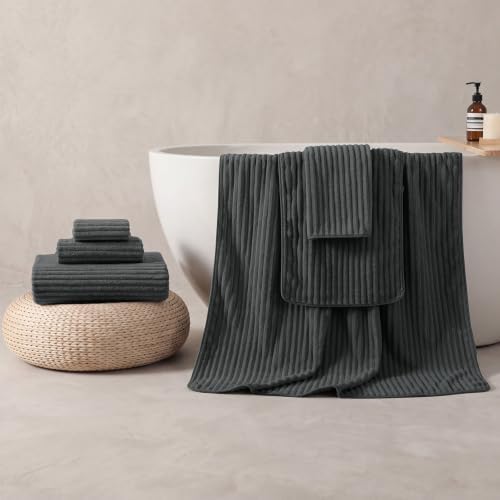 REDKISS Charcoal Gray Bath Towels Set 6 Piece - Microfiber Bathroom Towels of 6 Large, Highly Absorbent Bath Towel, Soft Shower Towel for Bathroom, 2 Bath Sheet 2 Hand Towel 2 Washcloths