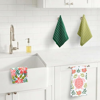 Ritz 4-Piece Kitchen Towel Set, Turtle Foliage & Hibiscus Floral Prints with Pine & Lime Green Textured Terry, 100% Cotton & Absorbent Cotton Blend, 16" x 26", Tropical Coastal Kitchen Decor