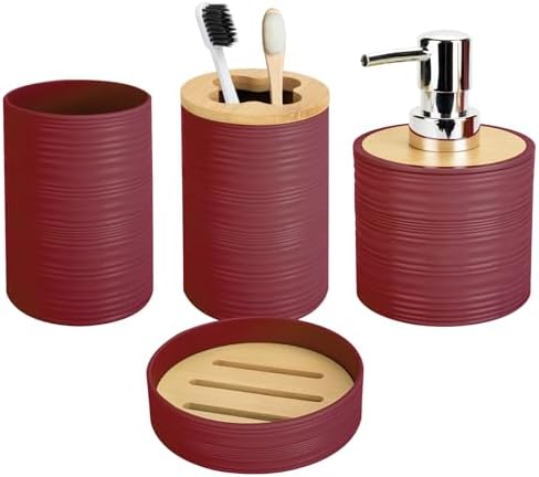 4PCS Burgundy Bathroom Set, Soap Dispenser, Dish & Bamboo Holder, Rustic