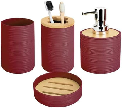 4PCS Burgundy Bathroom Set, Soap Dispenser, Dish & Bamboo Holder, Rustic