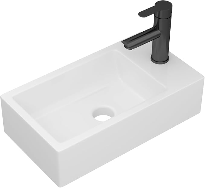 Small Bathroom Sink - 18"x10" Wall Mount Rectangular Ceramic Vessel Sink White Porcelain Floating Vanity Sink for Tiny Bathrooms with Faucet & Drain Combo (Right Hand Bowl Options)