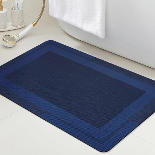 ACCUMTEK Non Slip Bath Mat, Thin Bathroom Rugs Fit Under Door, Quick Dry Bath Mats, Machine Washable Bath Rugs for Bathroom, Bathtub & Kitchen, Bathtub, Dark Blue/Bordered/36 x24