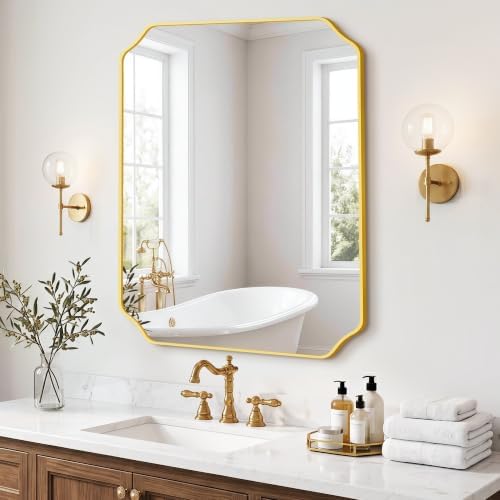 Gold Vanity Bathroom Mirror, 30" x 36" Scalloped Mirror for Wall