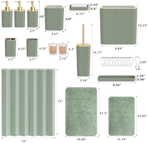 Bathroom Set - Bathroom Sets with Shower Curtain and Rugs, Sage Green Bathroom Set, 27PC Bathroom Accessories Set, Mini Trash Can, Toilet Brush, Trash Can & Soap Dispenser