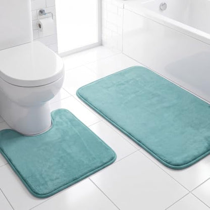 H.VERSAILTEX Bath Mat Memory Foam Set Bathroom Rug Set Flannel Velvety Bath Mat Luxury Extra Soft and Absorbent Non Slip Rugs for Bathroom/Bedroom (Curved Set 24"x 36" Plus 20"x 24"U, Eggshell Blue)