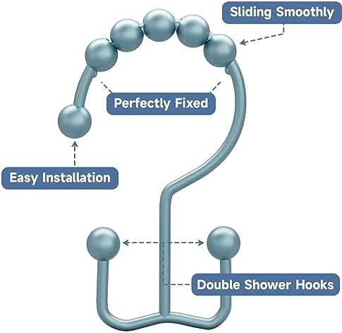 Titanker Shower Curtain Hooks Rings, Rust-Resistant Metal Double Glide Shower Hooks for Bathroom Shower Rods Curtains, Set of 12 Hooks - Lightcyan