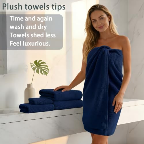 VOOVA & MOVAS Bath Towels 4PC, 100% Cotton, 30x56 in, Navy Blue