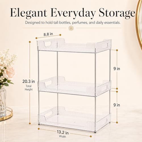 Goderewild 3 Tier Bathroom Counter Organizer, Multi-Purpose Cosmetics Skincare Shelf, Fits A4 Size Makeup Organizer for Office and Vanity Tray, Countertop Storage Solution for Kitchen,Bath.(Clear)