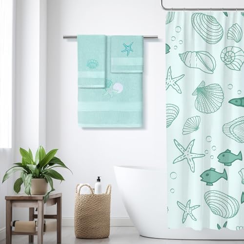 3 Pcs Coastal Seashell Bathroom Towel Set, Embroidered Decor