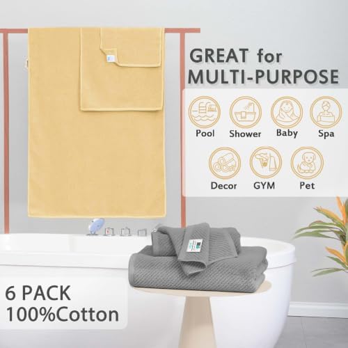 VOOVA & MOVAS 6PC Towel Set, 100% Cotton, Grey Yellow