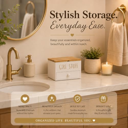 Tampon Holder for Bathroom, Girl Stuff Box for Bathroom with Lid and Drawer