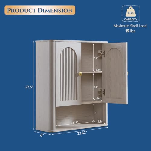Bathroom Fluted Arched Wall Cabinet, 23.6''W Medicine Cabinet, Light Grey
