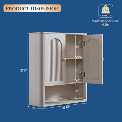 Bathroom Fluted Arched Wall Cabinet, 23.6''W Medicine Cabinet, Light Grey