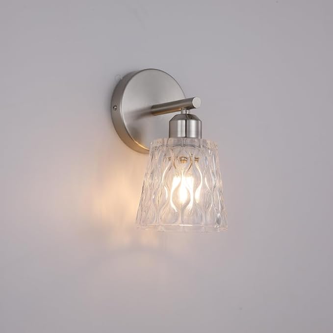 Brushed Nickel Bathroom Light Fixture, 1-Light Modern Vanity Wall Sconce with Textured Glass Shade, Stainless Steel Construction, E26 Socket (Bulb Not Included)