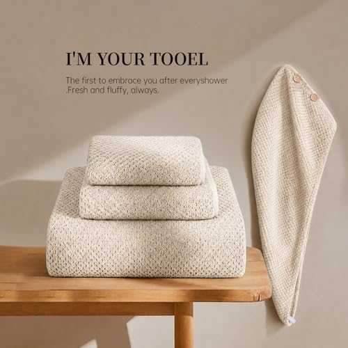 Oversize Bath Towels for Bathroom 35x70 Inches, 4-Piece Bathroom Set (1 Bath Towel, 1 Hair Towel, 1 Hand Towel, 1 Washcloth) Towels for Bathroom Set Soft and Absorbent Shower Towels Khaki