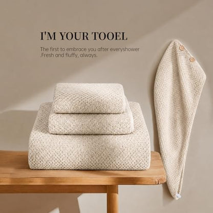Oversize Bath Towels for Bathroom 35x70 Inches, 4-Piece Bathroom Set (1 Bath Towel, 1 Hair Towel, 1 Hand Towel, 1 Washcloth) Towels for Bathroom Set Soft and Absorbent Shower Towels Khaki