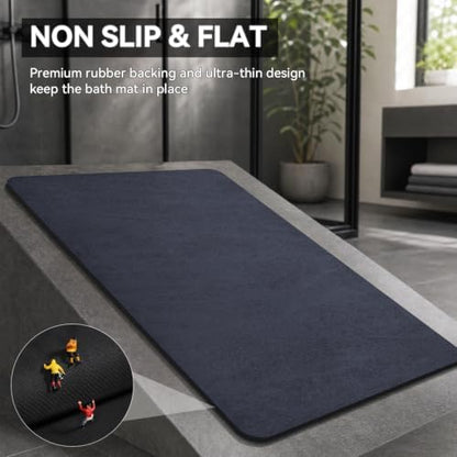 MontVoo -Bath Mat Rug-Rubber Backing Non Slip Quick Dry Absorbent Thin Bathroom Rugs Fit Under Door-Faux Suede Surface Bathroom Floor Mats-Shower Rug for in Front of Bathtub Shower Navy 17"x27.5"