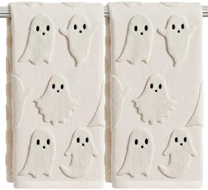 2 Pack Halloween Hand Towels 100% Cotton Jacquard Ghost Halloween Kitchen Towels White Bathroom Towels Set Seasonal Bathroom Decor (Beige Ghost, Halloween)