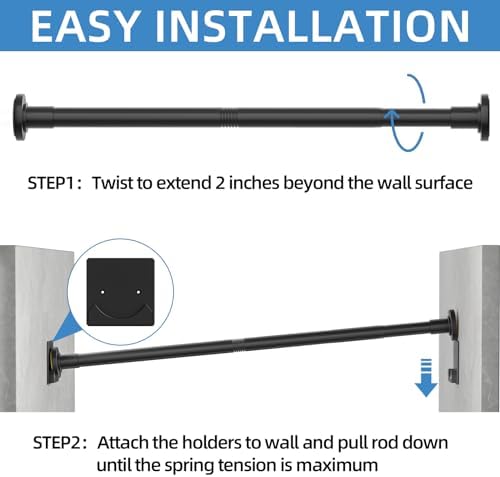 CorkLatta Matte Black Shower Curtain Rod,1 Inch Diameter Stainless Steel Adjustable Spring Tension Rods 32 to 92",with Holders,Anti-Slip,Curtain Rods No Drilling(1 Pack)