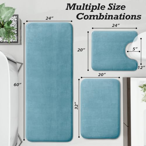 HUXMEYSON Bathroom Rugs Sets 3 Piece, Non-Slip & Quick Dry Bath Mat Set, Ultra Soft Velvet Bath Rugs for Bathroom, Toilet and Shower Floor, Lake Blue
